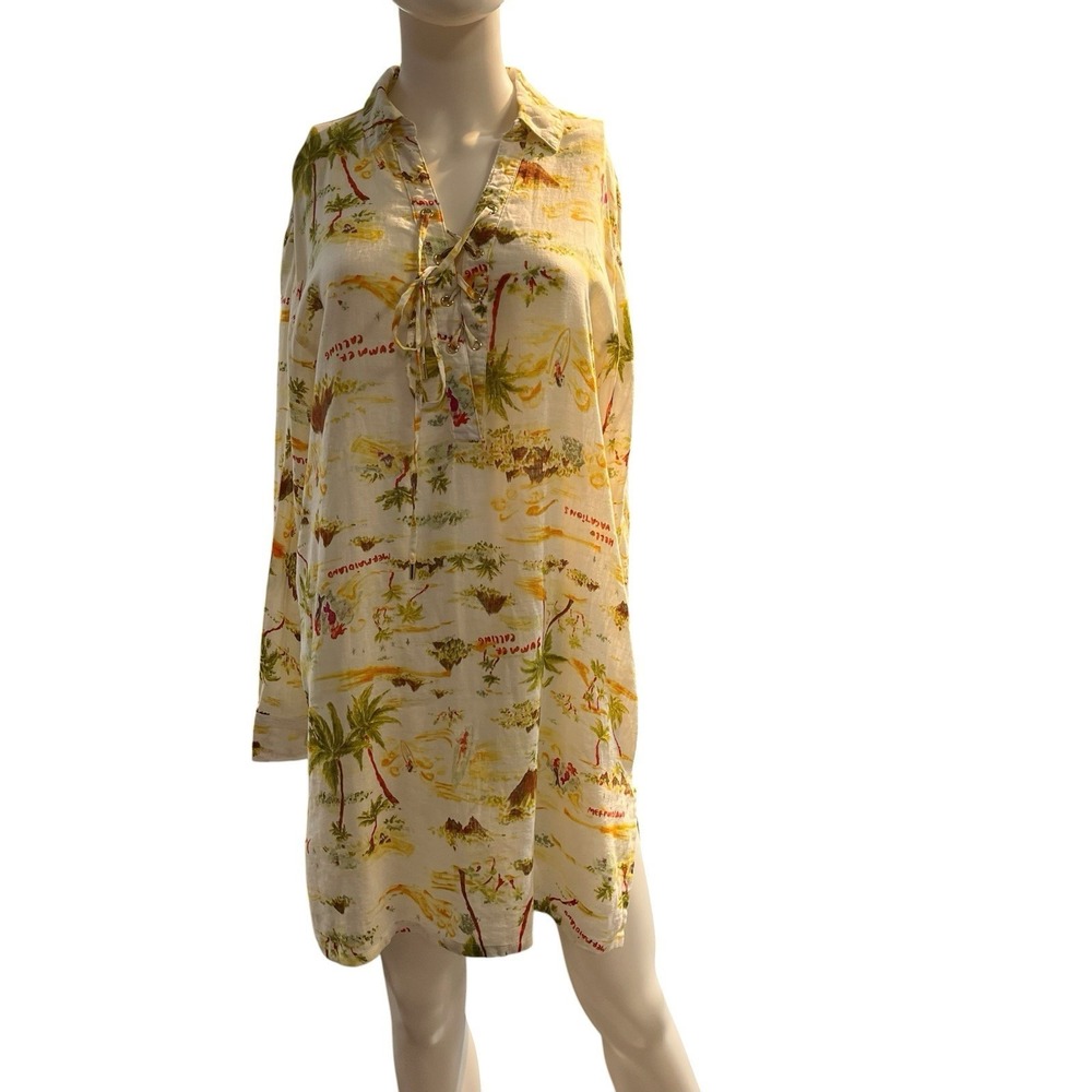 C&C California‎ Mini Dress Tropical Island Print S Linen Blend Lace Up Vacation